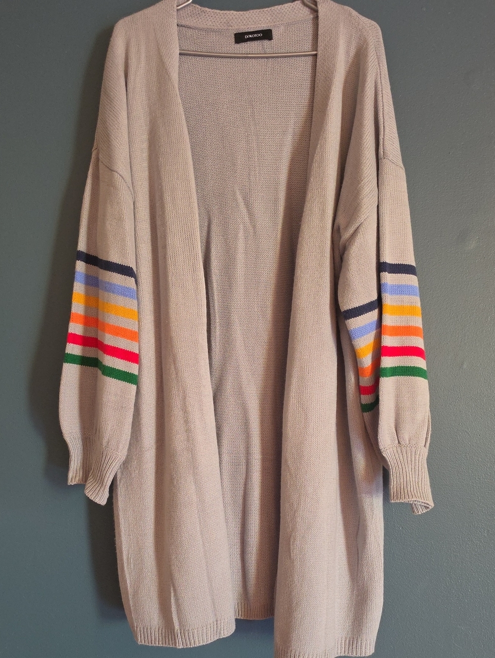 Gray Open-Front Cardigan with Multicolor Stripe Sleeves